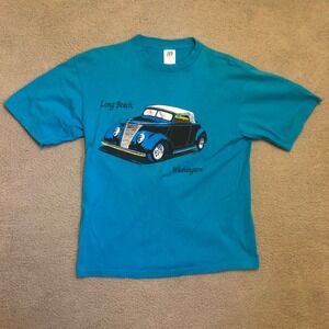 Vtg‎ Belton Tough Tee Hot Rod Car Shirt Teal 100% Cotton Large Long Beach WA